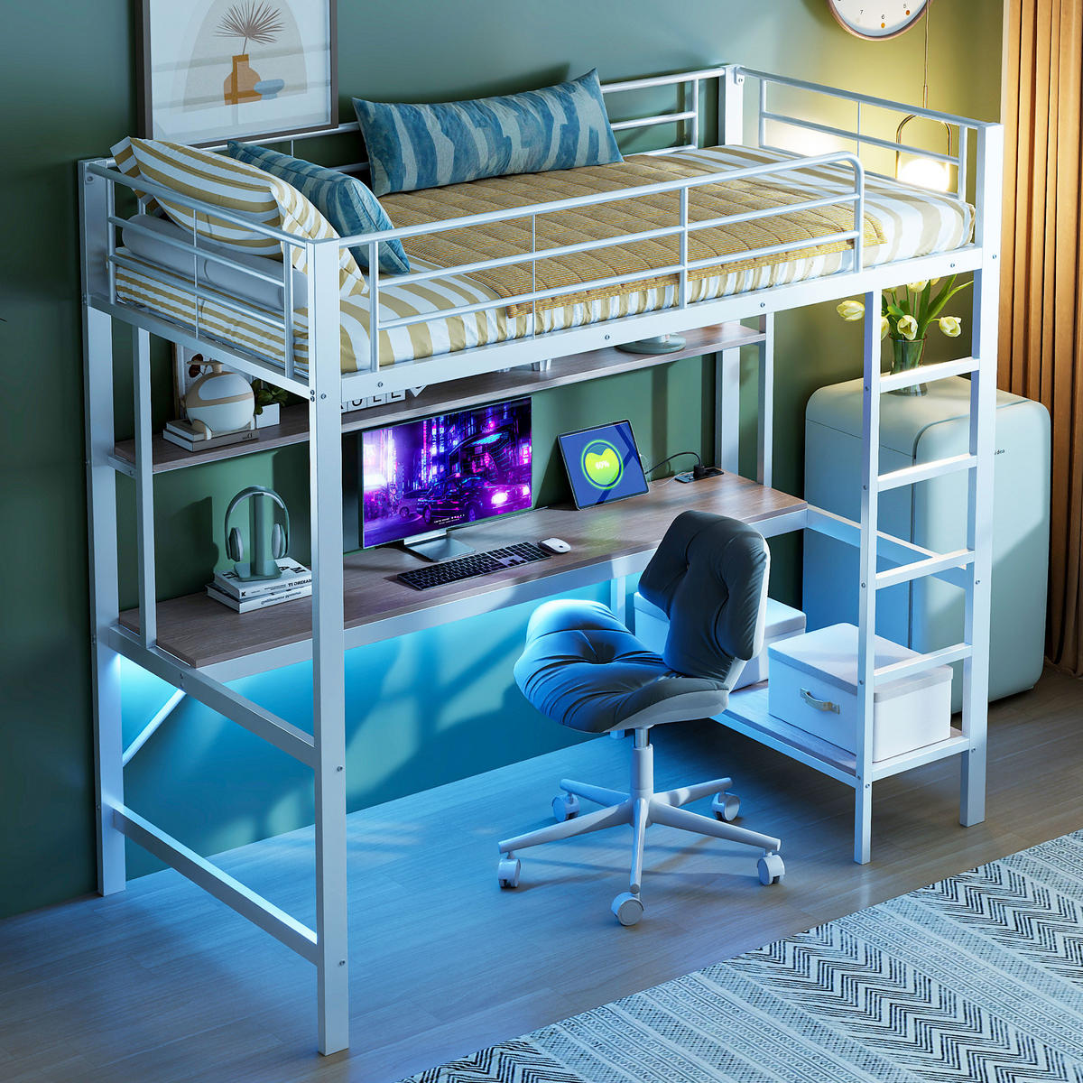 HOCHBETT 90x200cm Weiß Metall LED-Licht Schreibtisch USB - Weiß, Metall (90/200cm) - FLIEKS