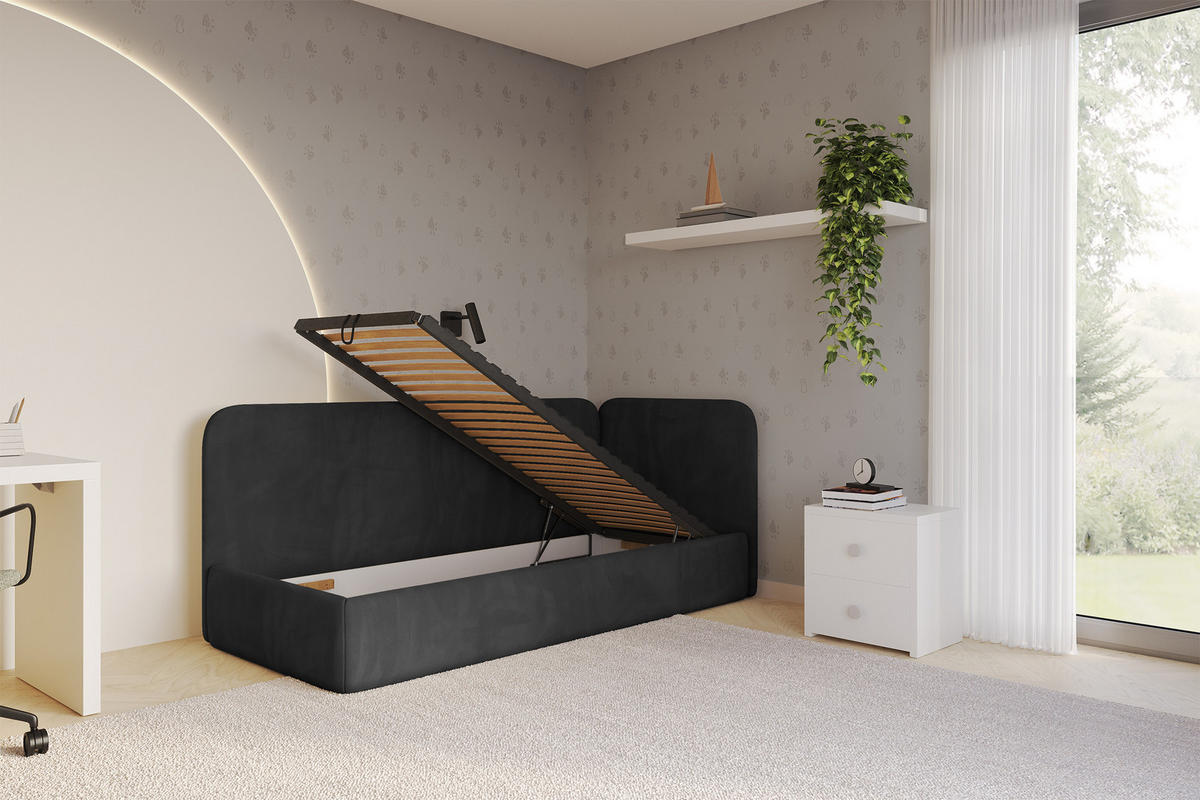 EINZELLBETT Jugendbett mit Bettkasten und Matratze H3/H4, Links - ELSY 100x200 Schwarz - Schwarz, Holzwerkstoff/Textil (100/200cm) - ALTDECOR