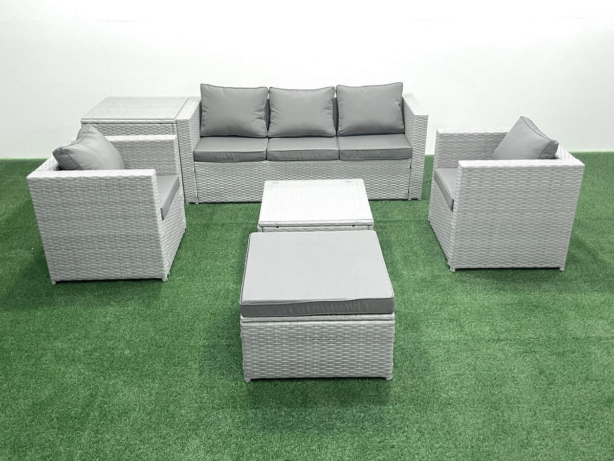 GARTENMÖBEL-SET mit Kissen Polyrattan Hellgrau-Mix 6-Sitzer - Hellgrau/Grau, Glas/Kunststoff - Fimous