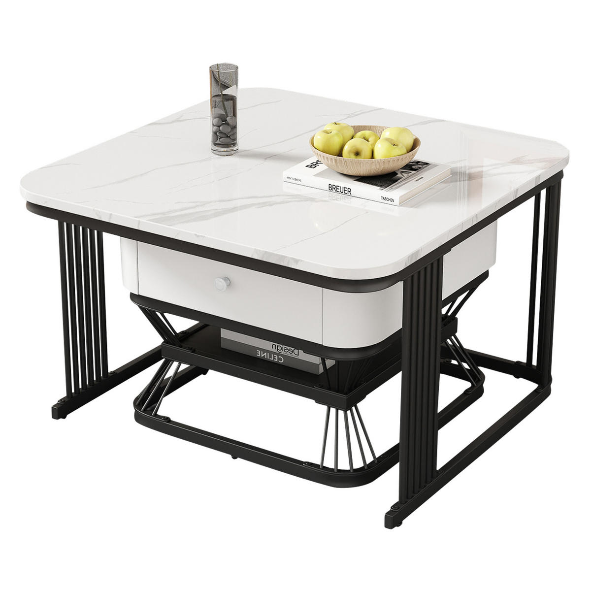 SADA konferenčních stolků 70/70/45 cm bílá/černá z MDF a kovu se zásuvkou - bílá, sklo (70/70/45cm) - OKWISH