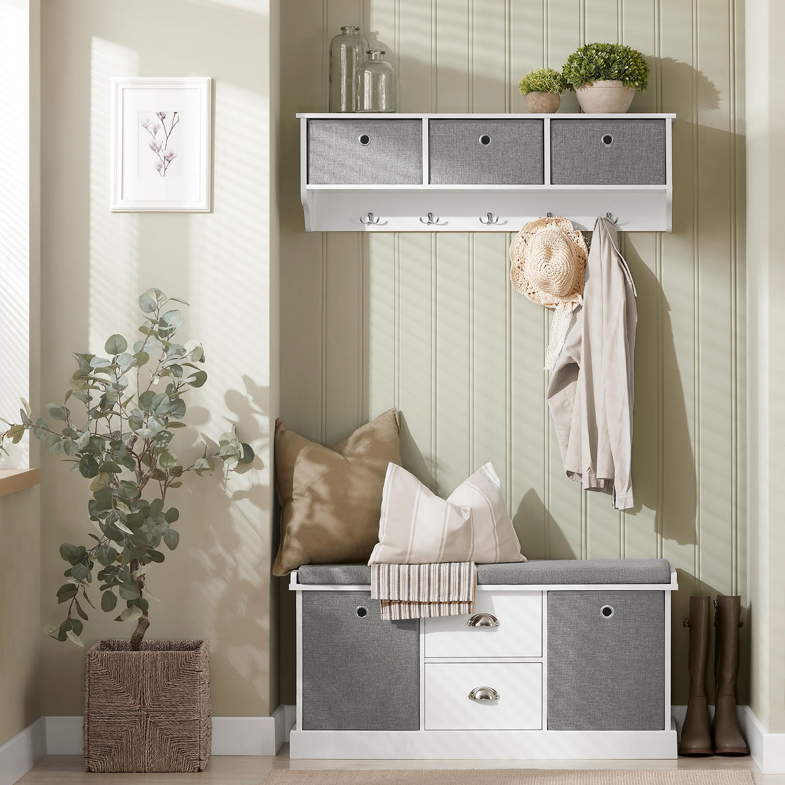 SCHUHBANK Grau - Weiß, Holzwerkstoff (100/50/35cm) - SoBuy