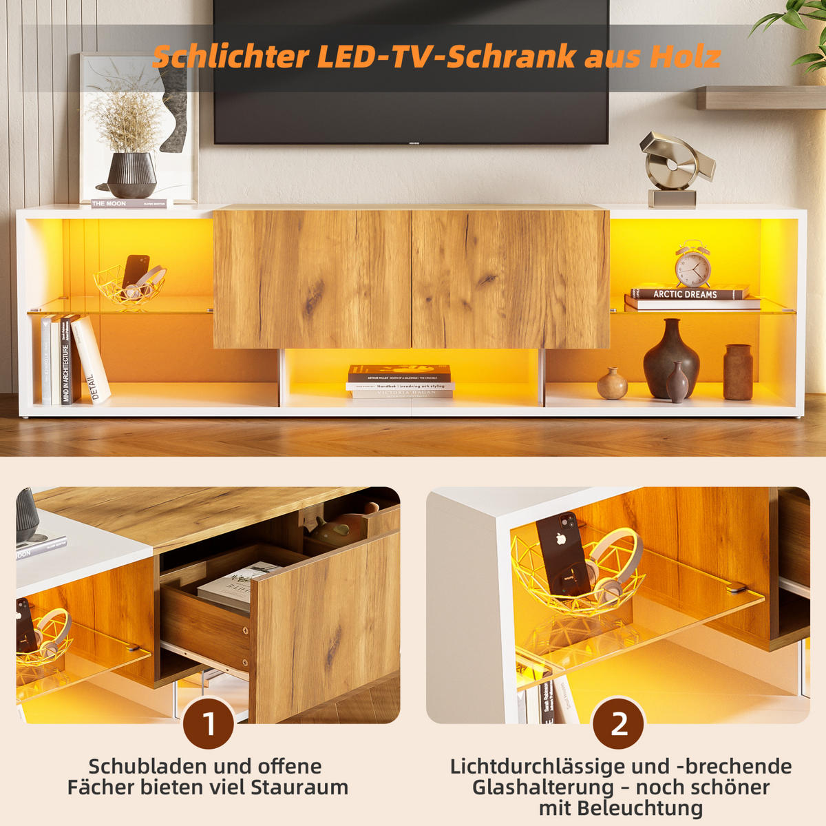 TV-LOWBOARD aus Spanplatte 160x40x42 cm Antikweiß mit LED-Beleuchtung, Glasablage und 2 Schubladen - Hellbraun, Holzwerkstoff (160/42/40cm) - IVMEU