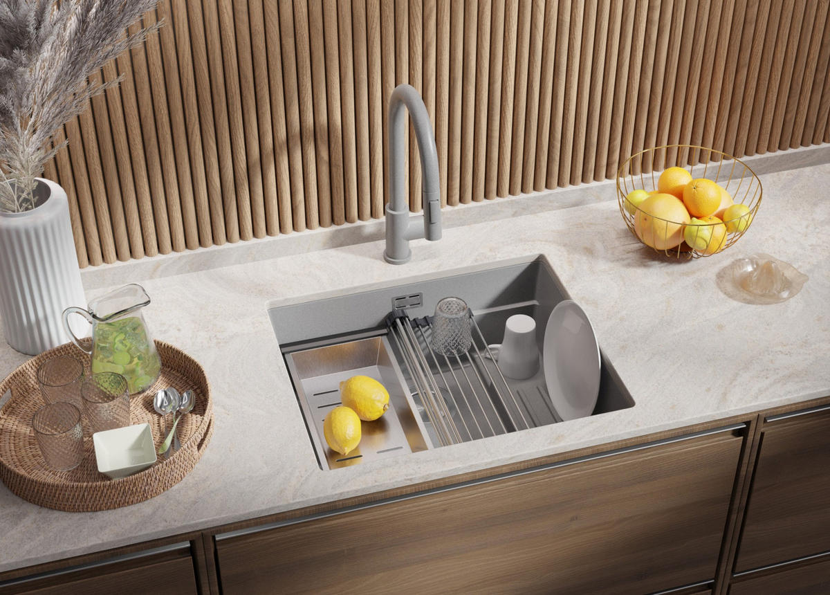 UNTERBAUSPÜLE GRANIT Praga, 2-er set Grau 56/47 cm 1 Becken + Ablauf-Set + Aufrollbare Abtropffläche ab 60er Unterschrank - Chromfarben/Grau, Kunststoff (56/20/47cm) - Primagran