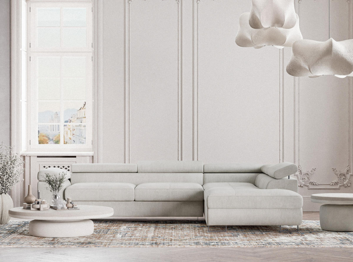 ECKSOFA Concord Creme Chenille-Stoff - Rechts Seite - Creme/Schwarz, Holz/Holzwerkstoff (277/203cm) - Maison de Reve