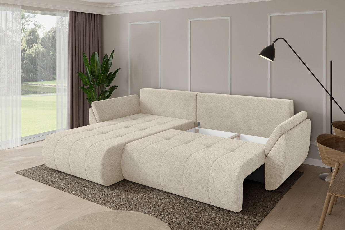 ROHOVÁ SEDAČKA s funkcí spaní, otoman vlevo TOKO-L 277x194x86 krémová velur - černá/krémová, kompozitní dřevo/textil (277/194cm) - ALTDECOR
