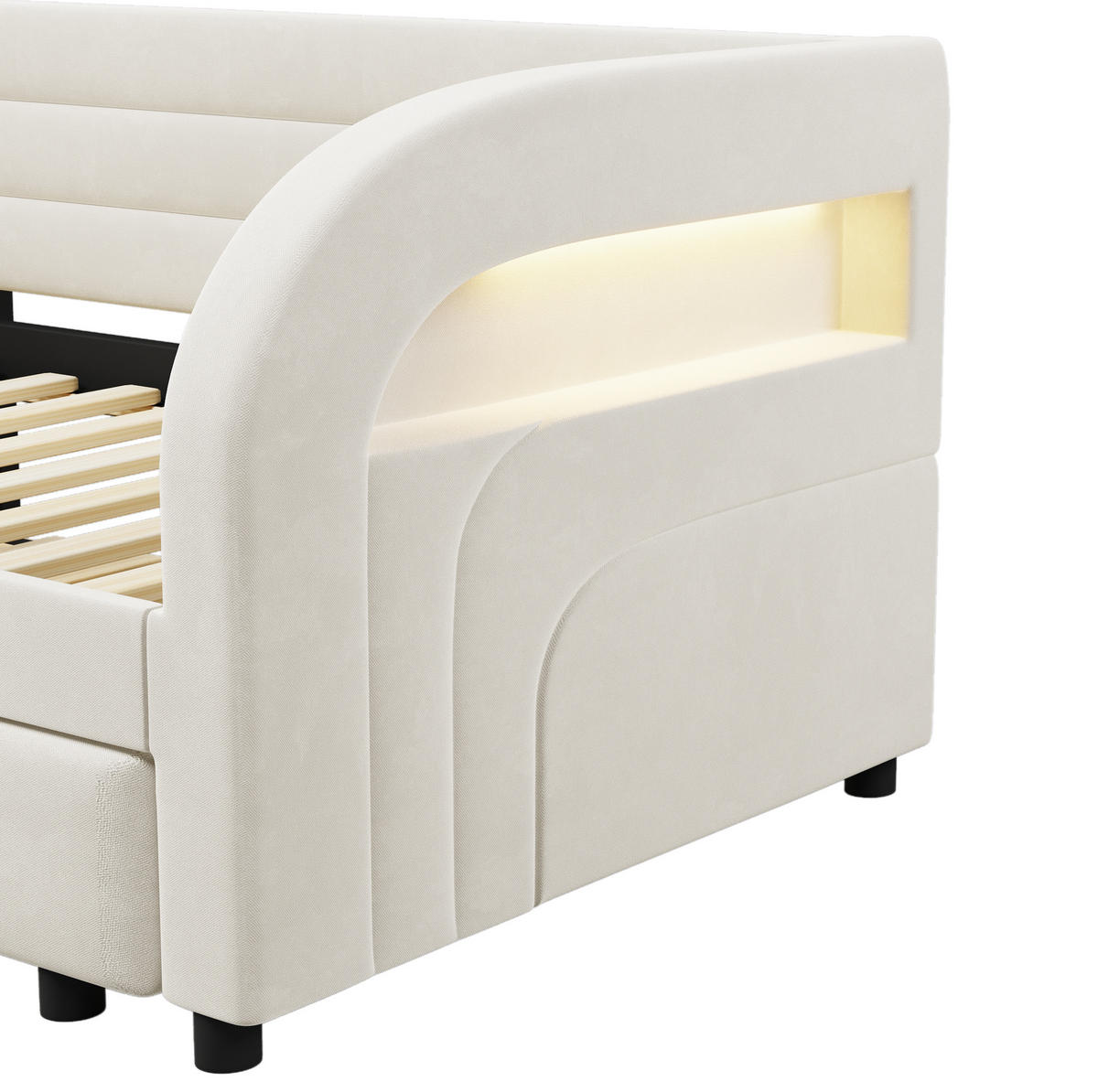 BETT 90/200 cm in Beige mit LED-Beleuchtung und Ausziehfunktion - Beige, Textil (90/200cm) - Flora Grace