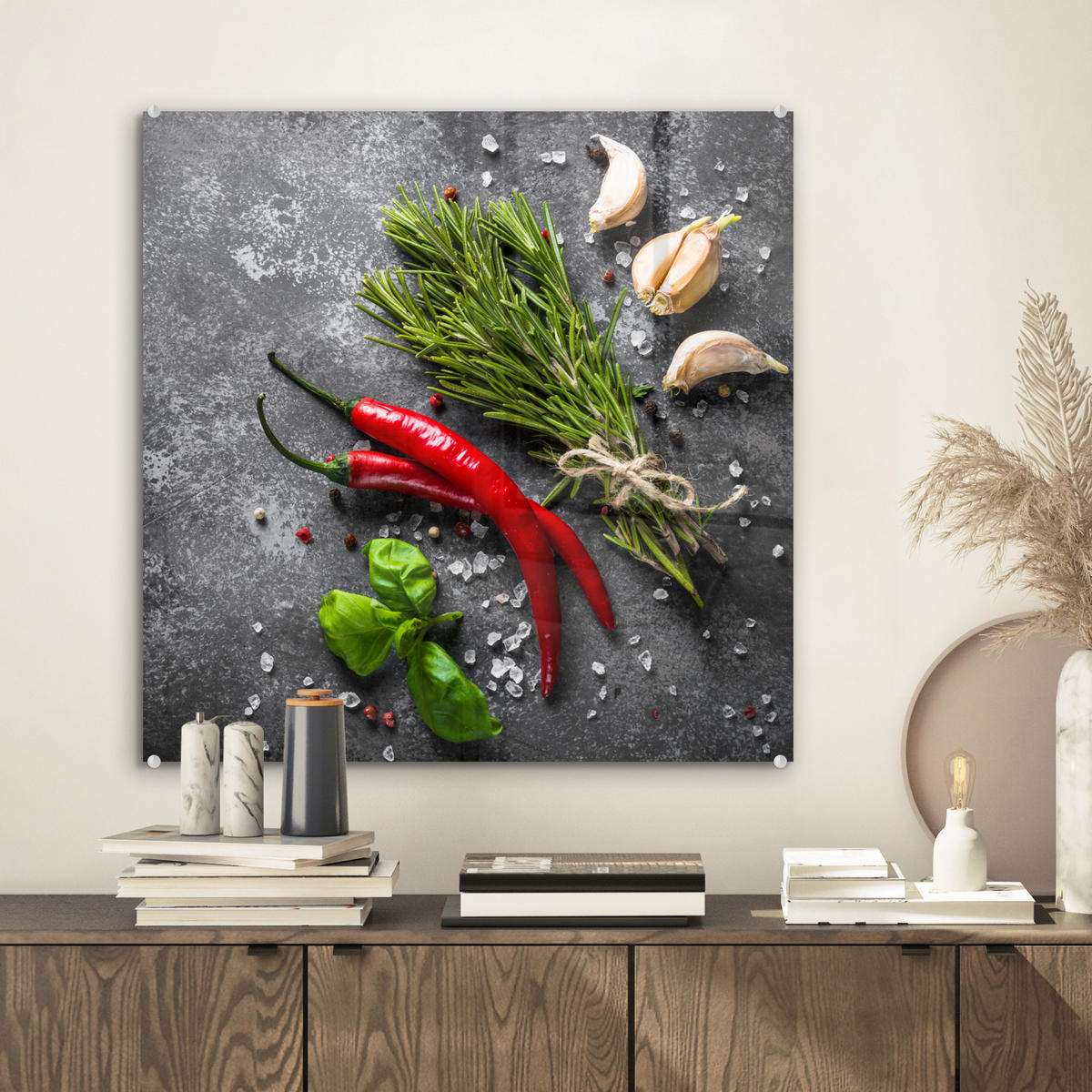 OBRAZ NA AKRYLOVOM SKLE Korenie - bylinky - korenie - betón 50x50 cm - tmavosivá, sklo (50/50cm) - MuchoWow