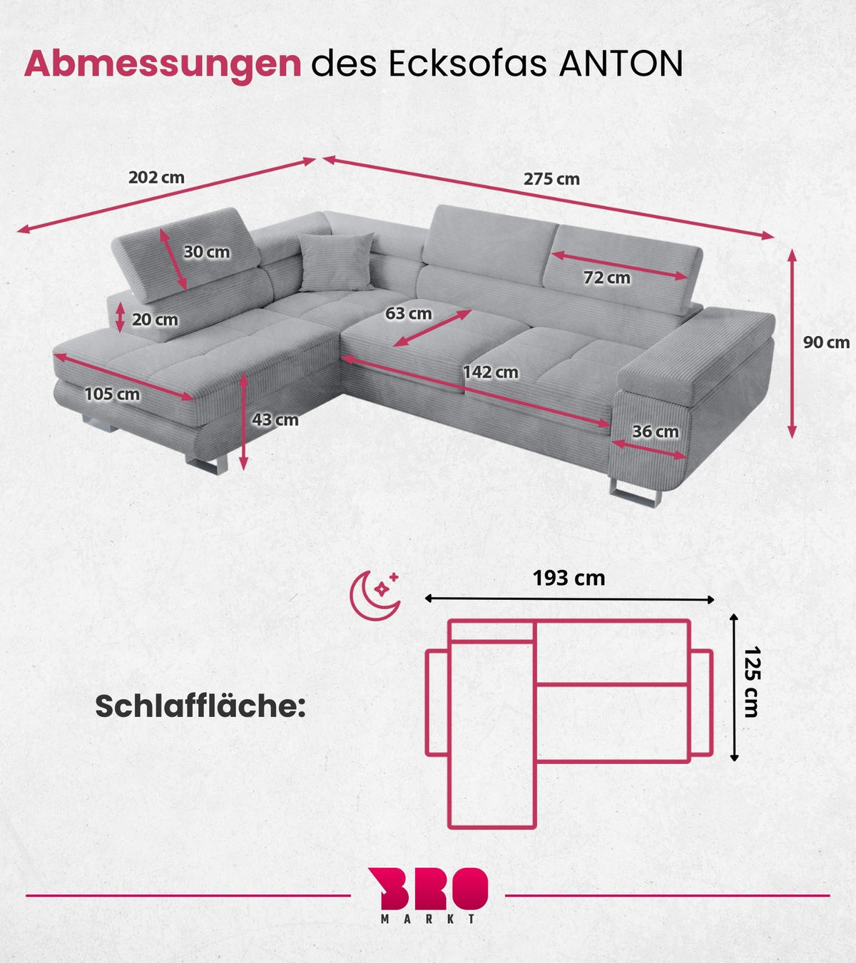 ECKSOFA Anton mit Schlaffunktion Grau Cord - Silberfarben/Hellgrau, Textil/Metall (142/275cm) - Bromarkt