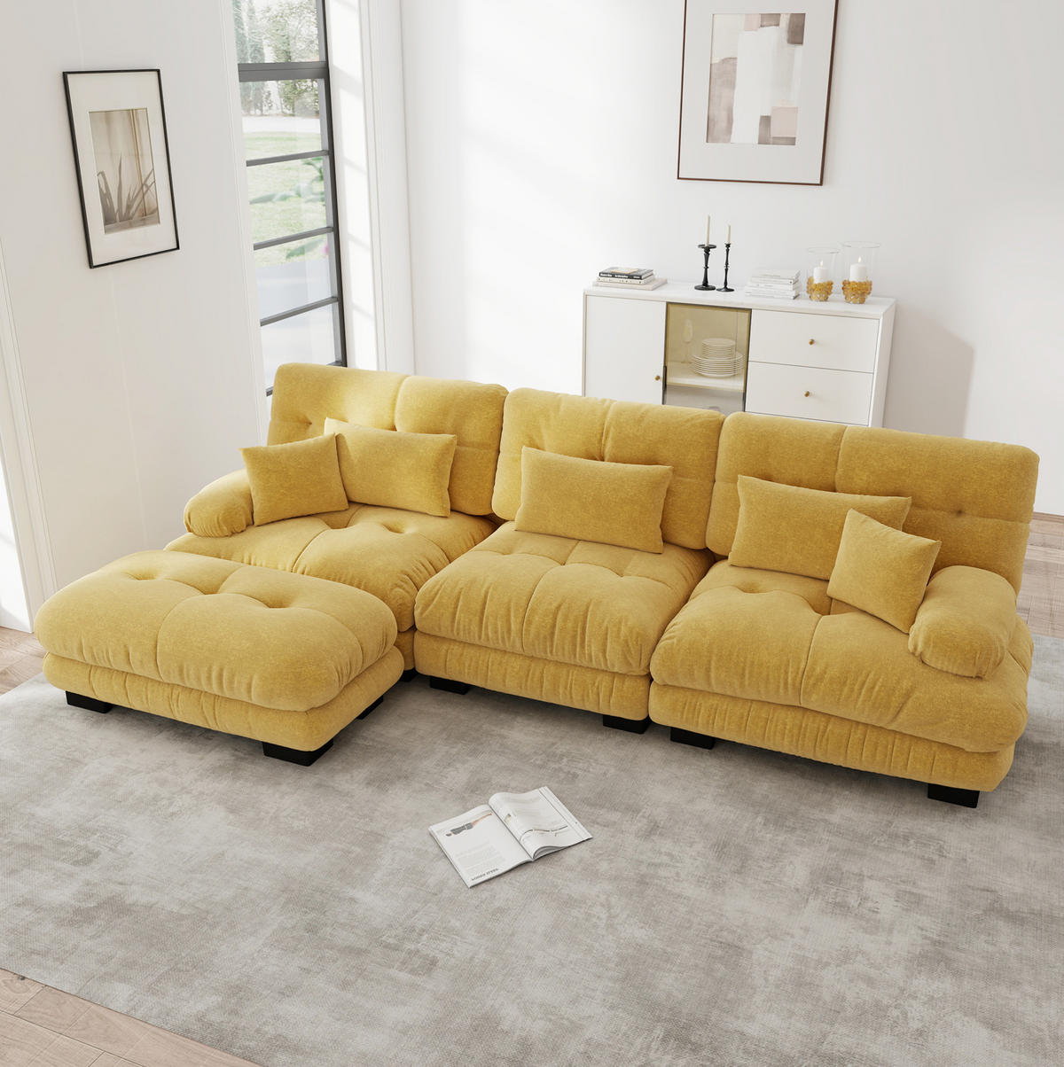 ECKSOFA 313/145/81 cm ggelb aus Chenille mit beweglichen Ottomane und tiefem Sitzkomfort - Gelb, Textil (145/313cm) - OKWISH