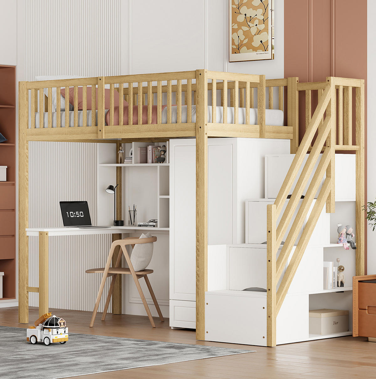 HOCHBETT 90/200 cm aus Holzwerkstoff mit Kleiderschrank, Schreibtisch, Regal und Treppe mit Schubladen, Natur/Weiß - Naturfarben, Holzwerkstoff (90/200cm) - Redom