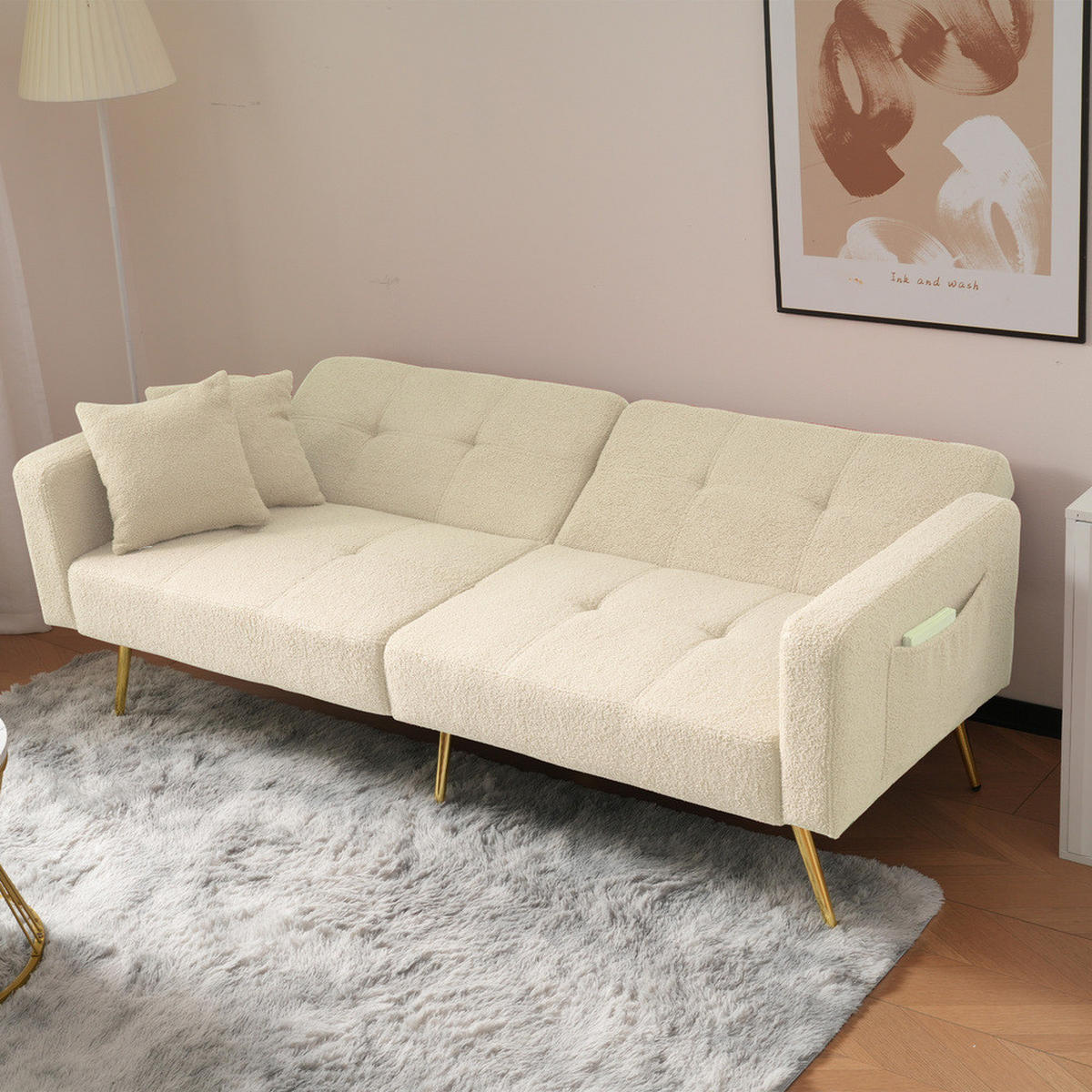 SOFA Schlaffunktion Verstellbar Goldene Beine Aufbewahrungstaschen Kissen - Beige, Holz (90.93/18.42/80.26cm) - FLIEKS