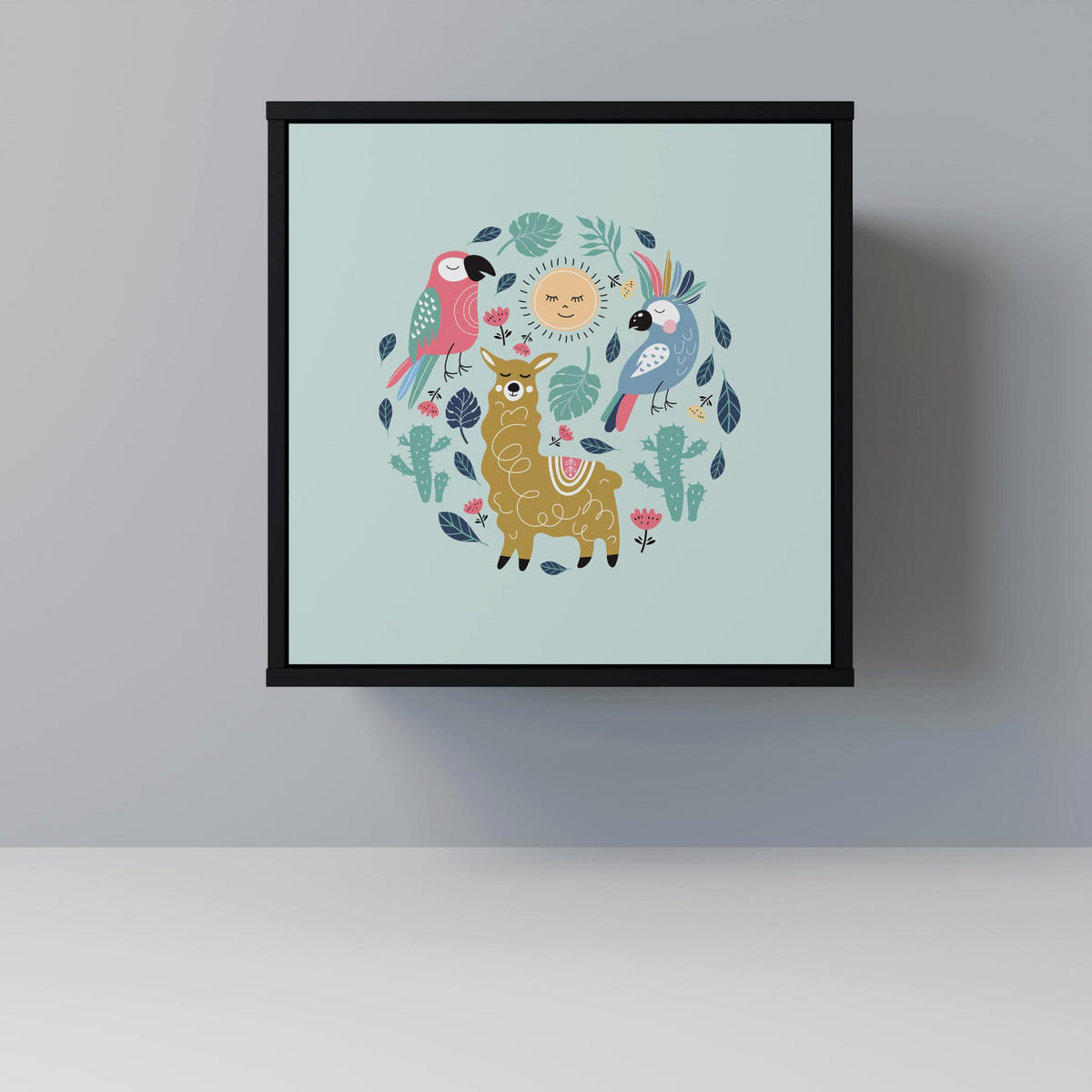 SIDEBOARD COLORFUL ALPACAS, Schwarz, 57,5x42x72,5 cm, Schwarze Metallfüße - Multicolor/Schwarz, Holzwerkstoff/Metall (57.5/72.5/42cm) - SpaceRebels