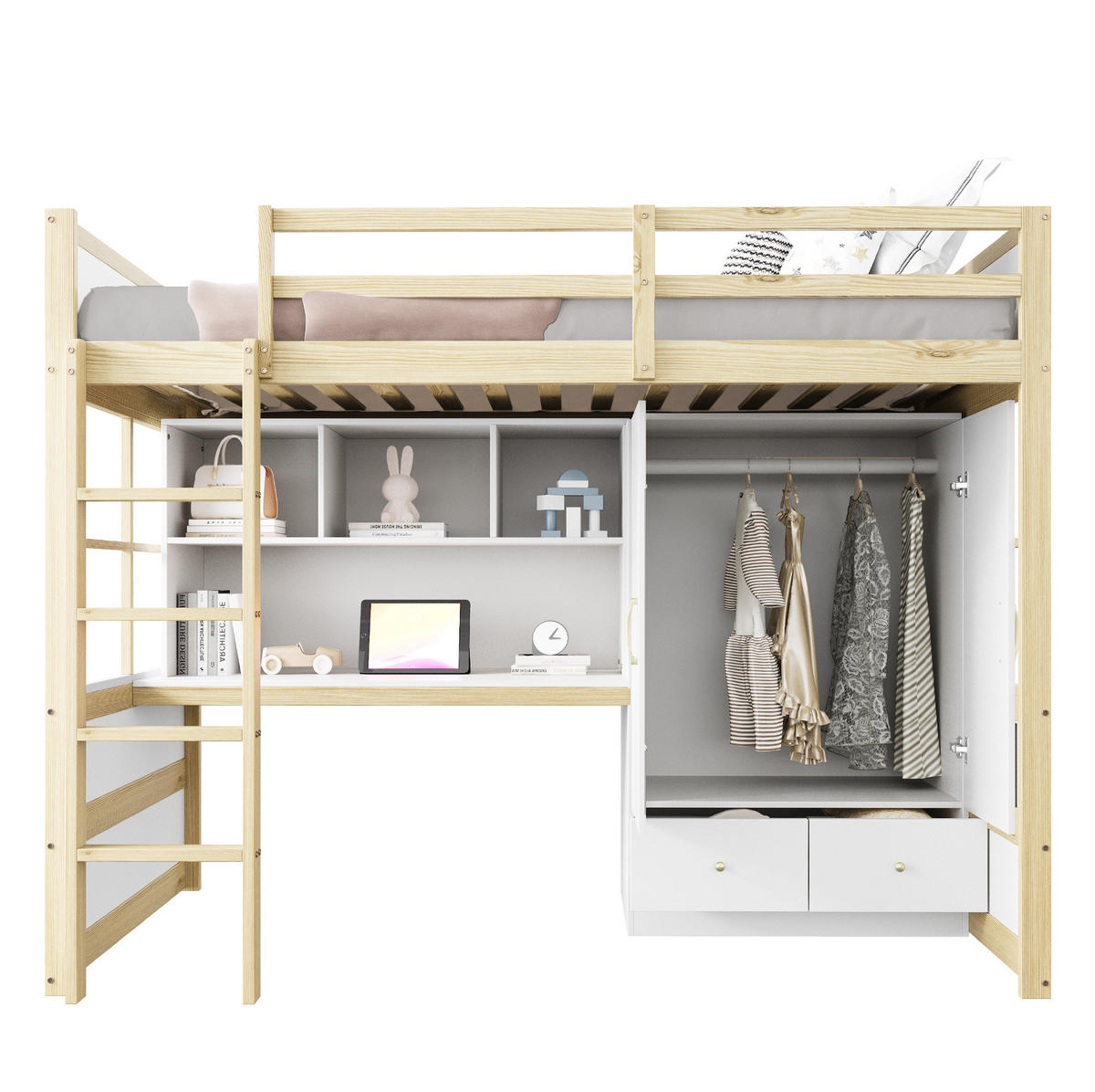 HOCHBETT 90/200 cm mit Leiter und Schreibtisch aus Holz in Natur - Naturfarben, Holz (90/200cm) - OKWISH