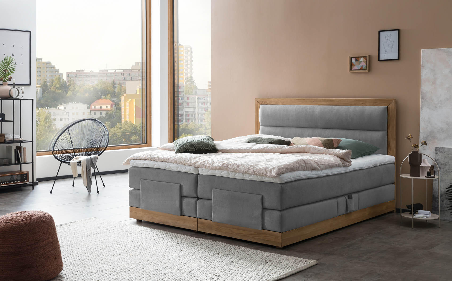 BOXSPRINGBETT ELEKTRISCH VERSTELLBAR MODELA 180x200 Hellgrau H2 und H3 Motorbett in Eiche mit 7-Zonen Taschenfederkern Matratze inkl. Visco Topper - Hellgrau, Textil (180/200cm) - Belanoti