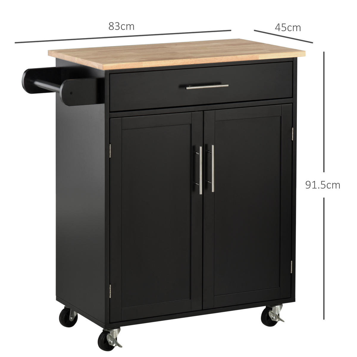 KÜCHENWAGEN, Schublade, 2-türiger Schrank, Rollen, Seitenstange, schwarz, 83x45x91,5cm - Multicolor, Metall (83/91.5/45cm) - FORIOUS