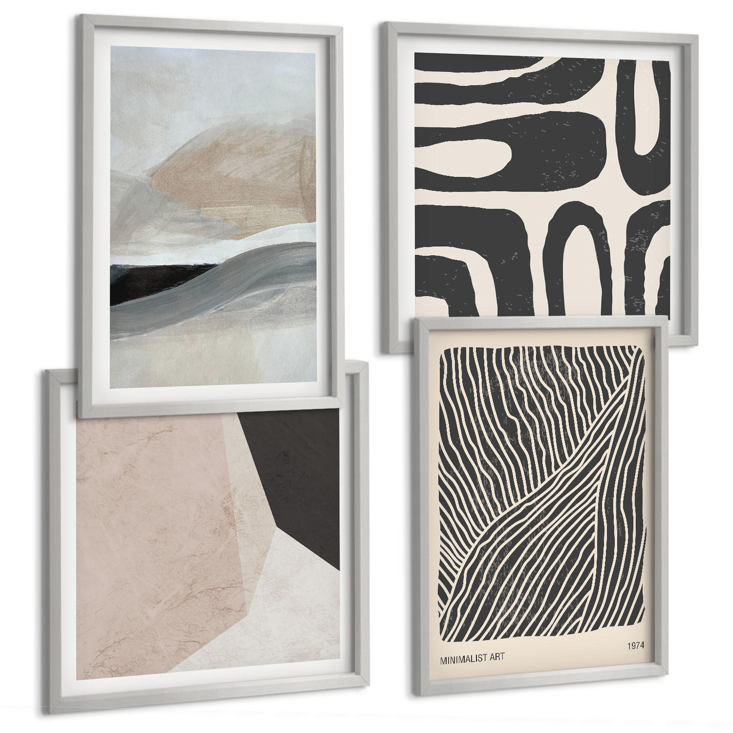 BILDER SET 4er Set - 50x50 cm & 40x60 cm Silberner Rahmen - Abstrakte Boho-Dekorationsmuster - Silberfarben, Kunststoff (50/50cm) - TULUP
