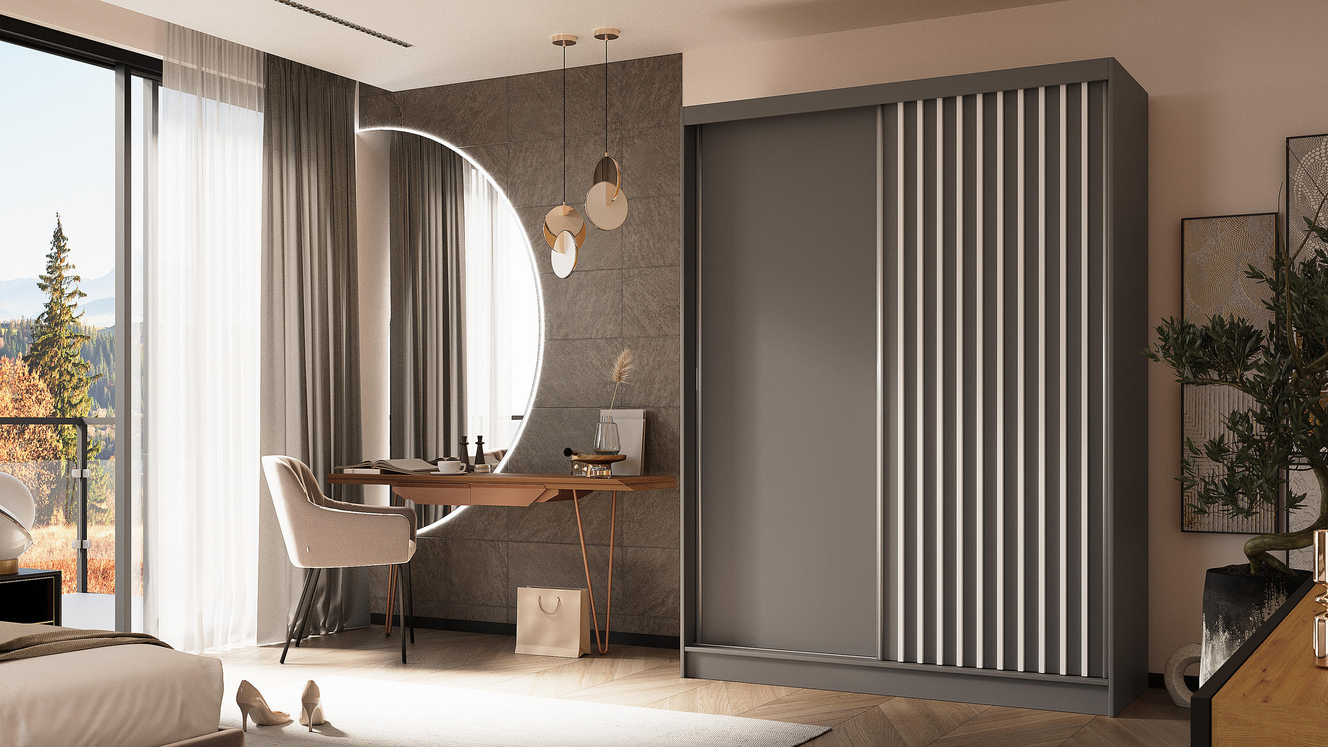 KLEIDERSCHRANK mit furnierten Schiebetüren und Aluminium-Leisten, LED-Beleuchtung - LABELO - 160 cm Grau+Grau+Weiß - Weiß/Grau, Holzwerkstoff (160/216/61cm) - ALTDECOR
