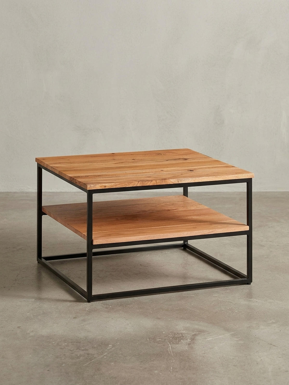 COUCHTISCH Industrial, Akazienholz mit Metallbeinen, zwei Ablageflächen - Beige/Schwarz, Holz/Metall (60/60/41cm) - KADIMA DESIGN