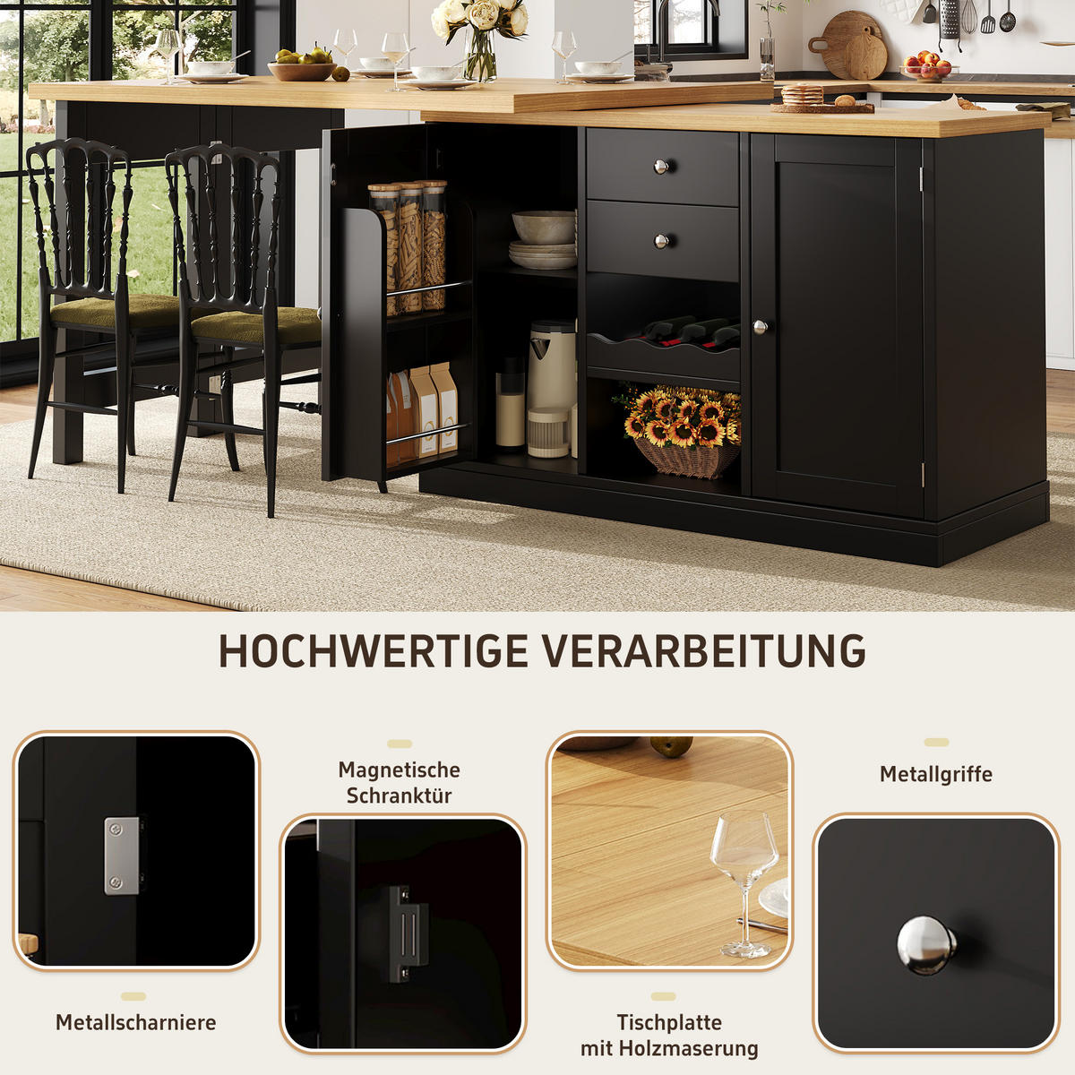 ESSTISCH Ausziehbar 120–197cm 360° Weinregal Stauraum - Schwarz, Holzwerkstoff (40/120/74cm) - FLIEKS