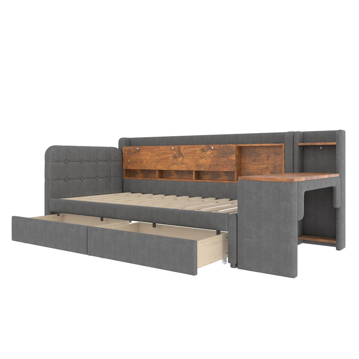 TAGESBETT mit Schreibtisch und 2 Schubladen 90x200 cm Leinen Grau - Grau, Holz (90/200cm) - Meubliv