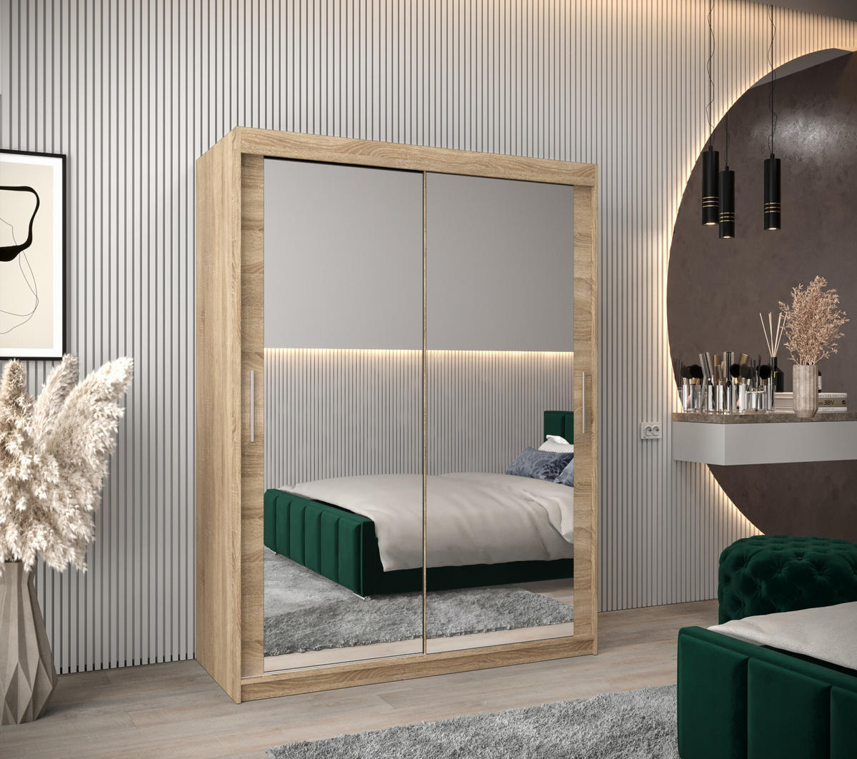 SCHWEBETÜRENSCHRANK 200/150/62 2-türig - Silberfarben/Sonoma Eiche, Holz/Kunststoff (150/200/62cm) - Abiks Möbel
