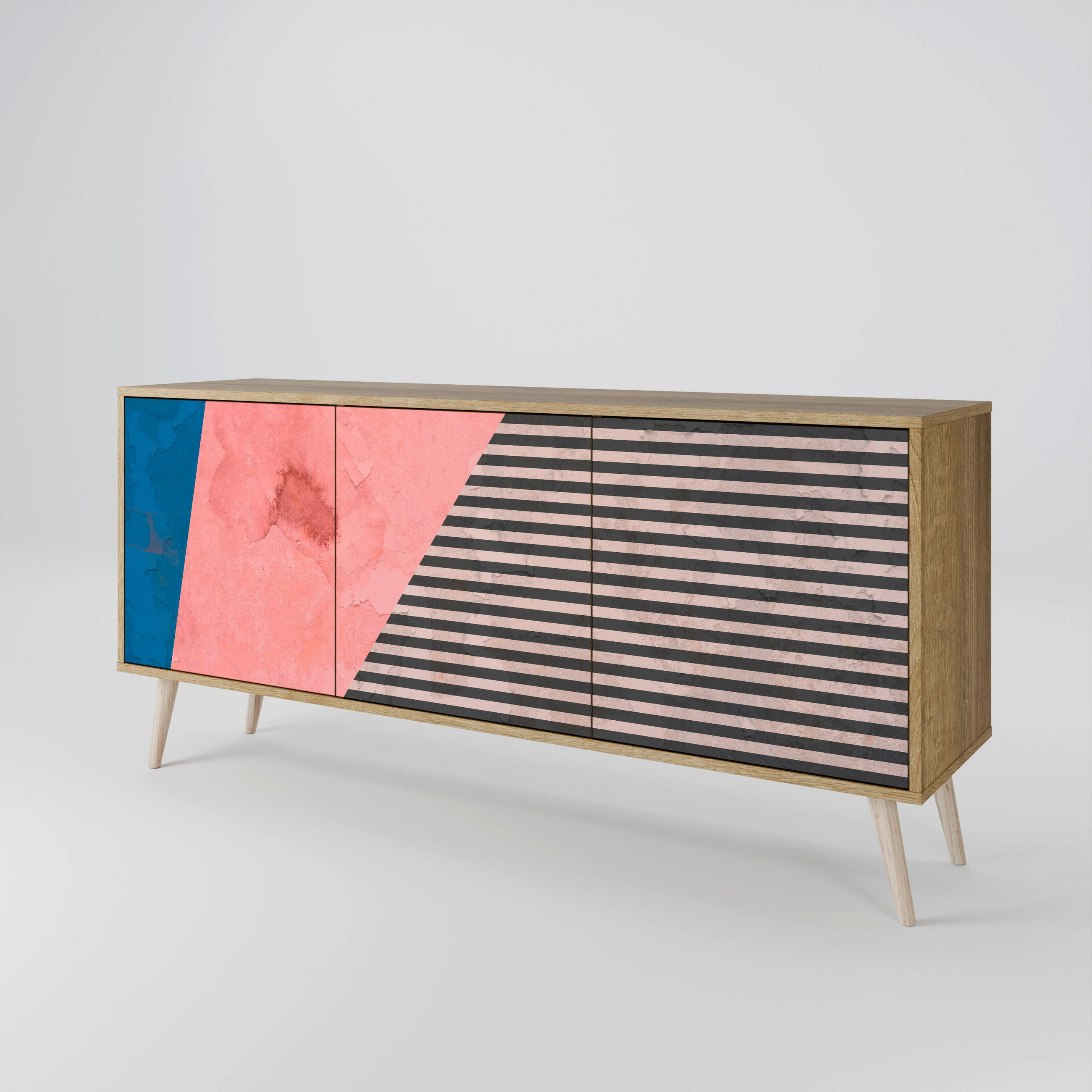 SIDEBOARD GLAMOROUS STRIPE, Eicheneffekt, 164,5x42x77,5 cm, 3 Türen - Eichefarben/Buchefarben, Holzwerkstoff/Buchenholz (164.5/77.5/42cm) - SpaceRebels