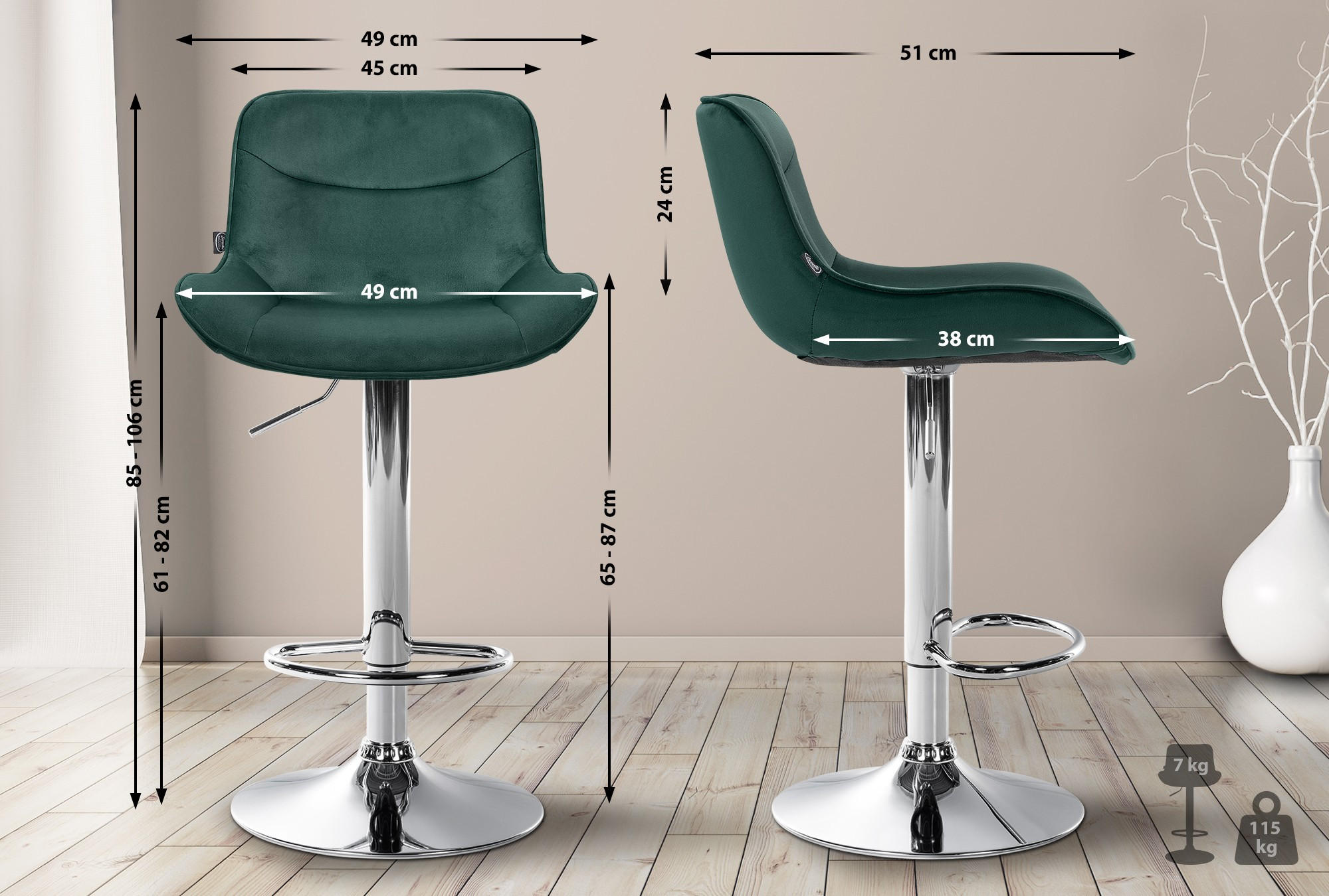 BARHOCKER Samt grün - Chromfarben/Grün, Textil/Metall (49/85/51cm) - CLP