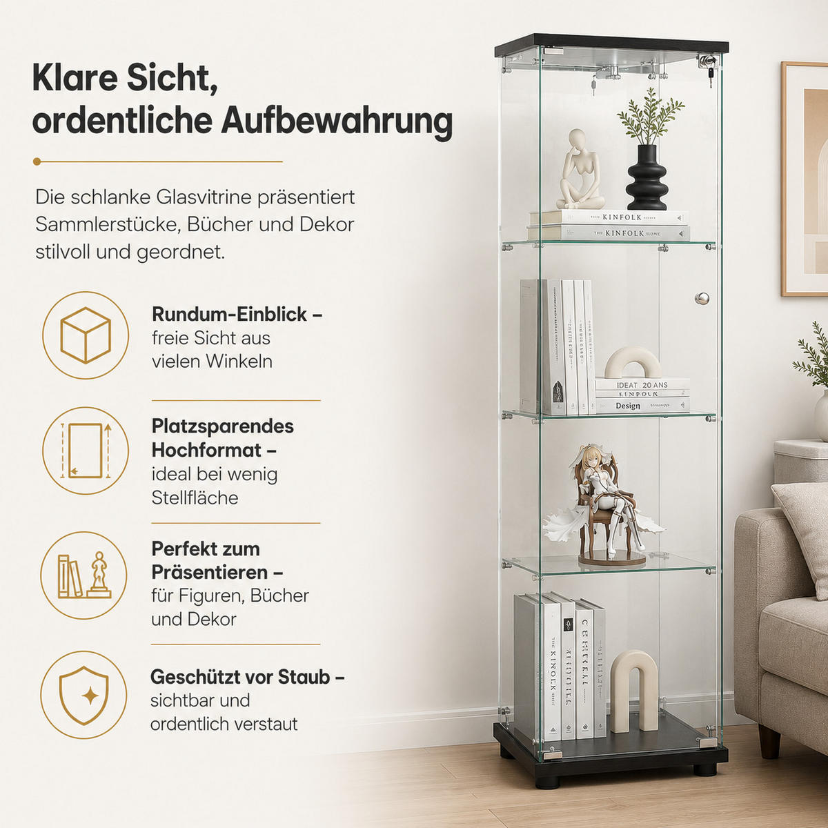 VITRINE,TRANSPARENT, 4-stufig, mit LED-Beleuchtung, schwarzer Rahmen, abschließbare Tür - Schwarz, Glas (42.5/164/36.5cm) - Joyfair