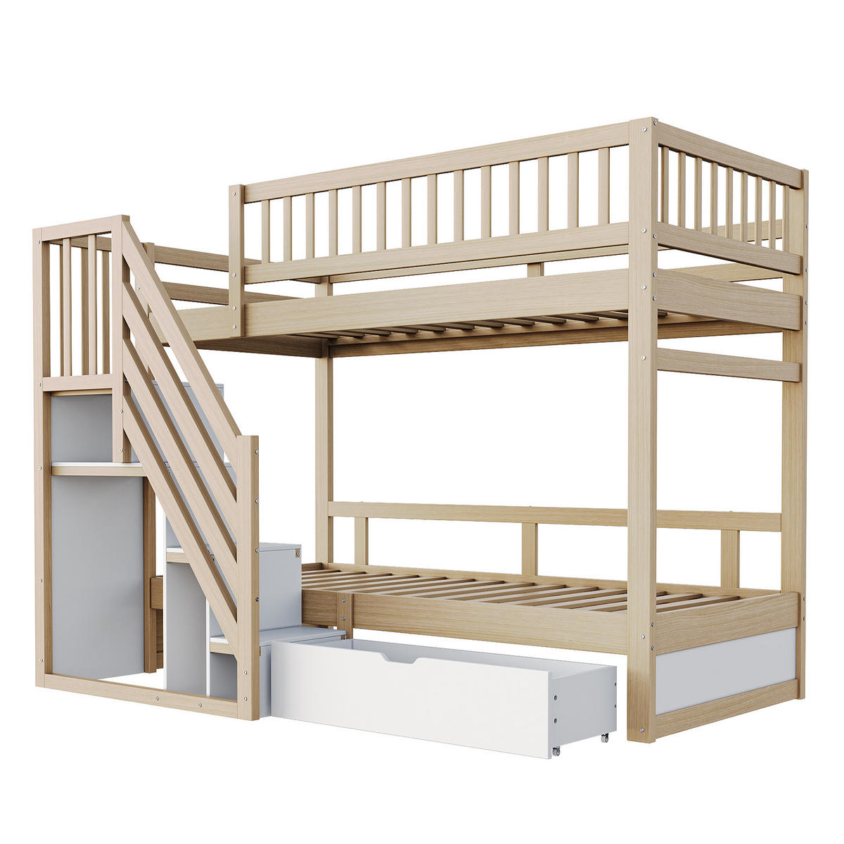 KINDERBETT aus Massivholz 90x200 cm mit Stauraumtreppe & Schublade - Naturfarben, Holz (90/200cm) - Modfu