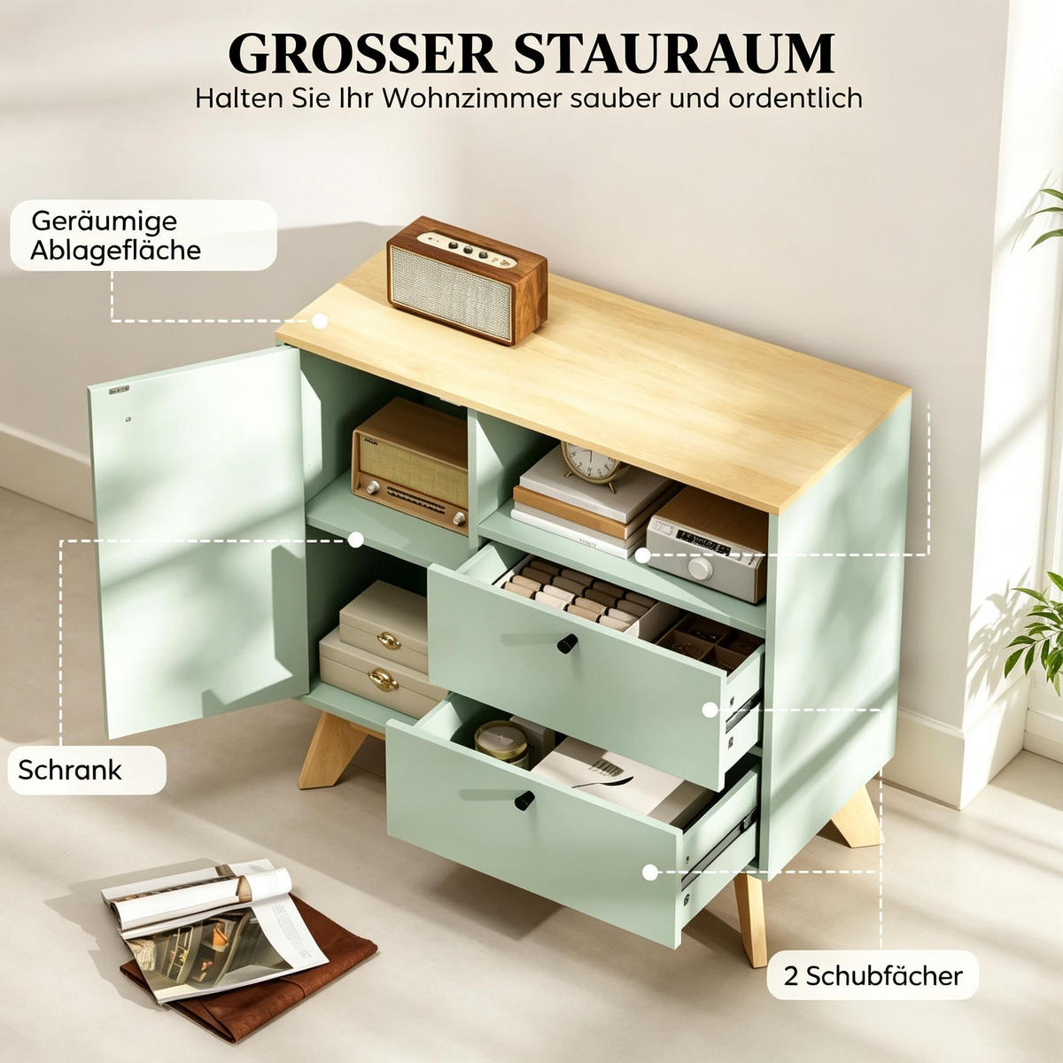 BUFFET DE-38816 80/35/76,3 cm mit 2 Schubladen und offenes Fach Hellgrün - Hellgrün, Holzwerkstoff (80/76.3/35cm) - ComfortXL