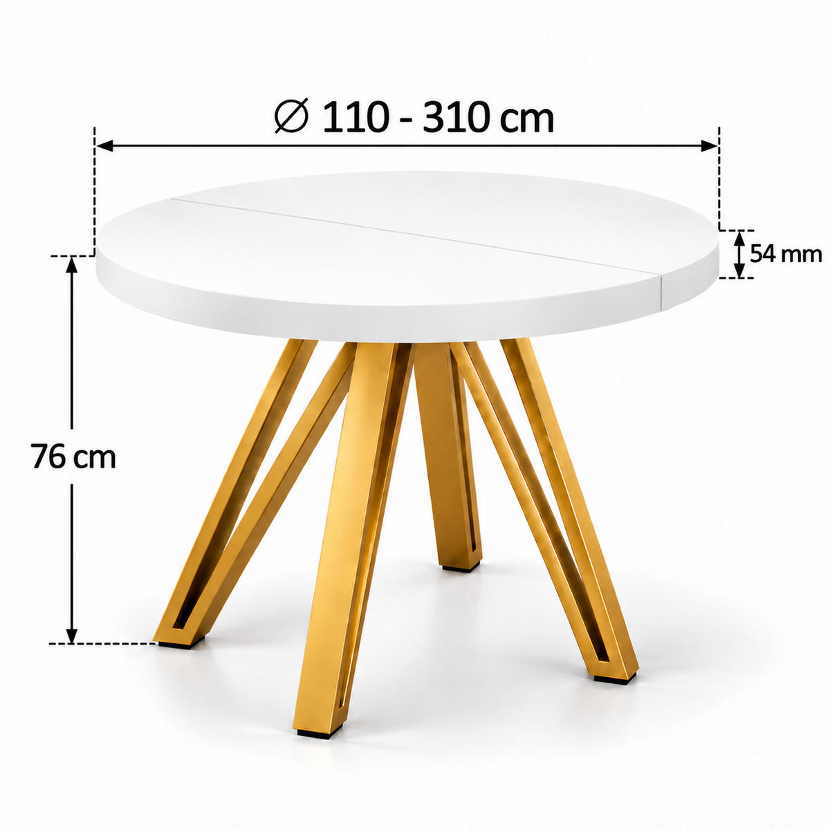 ESSTISCH rund ausziehbar 100/300/76 cm, Weiß, 54 cm Tischplatte + Industrial Metallgestell Gold - Goldfarben/Weiß, Holzwerkstoff/Metall (100/300/76cm) - Damale Möbel