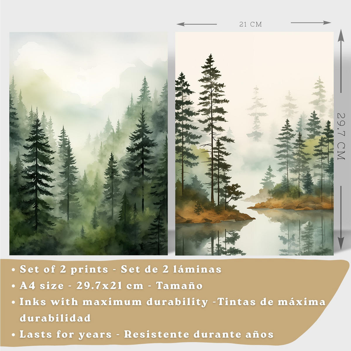 PLAKAT Sada 2 dekorativních tisků Nordic Forest Landscape obývací pokoj Obrázky - Zelené a hnědé dekorativní plakáty Obývací pokoj A4 černý rám - černá, papír (29.7/42/3cm)