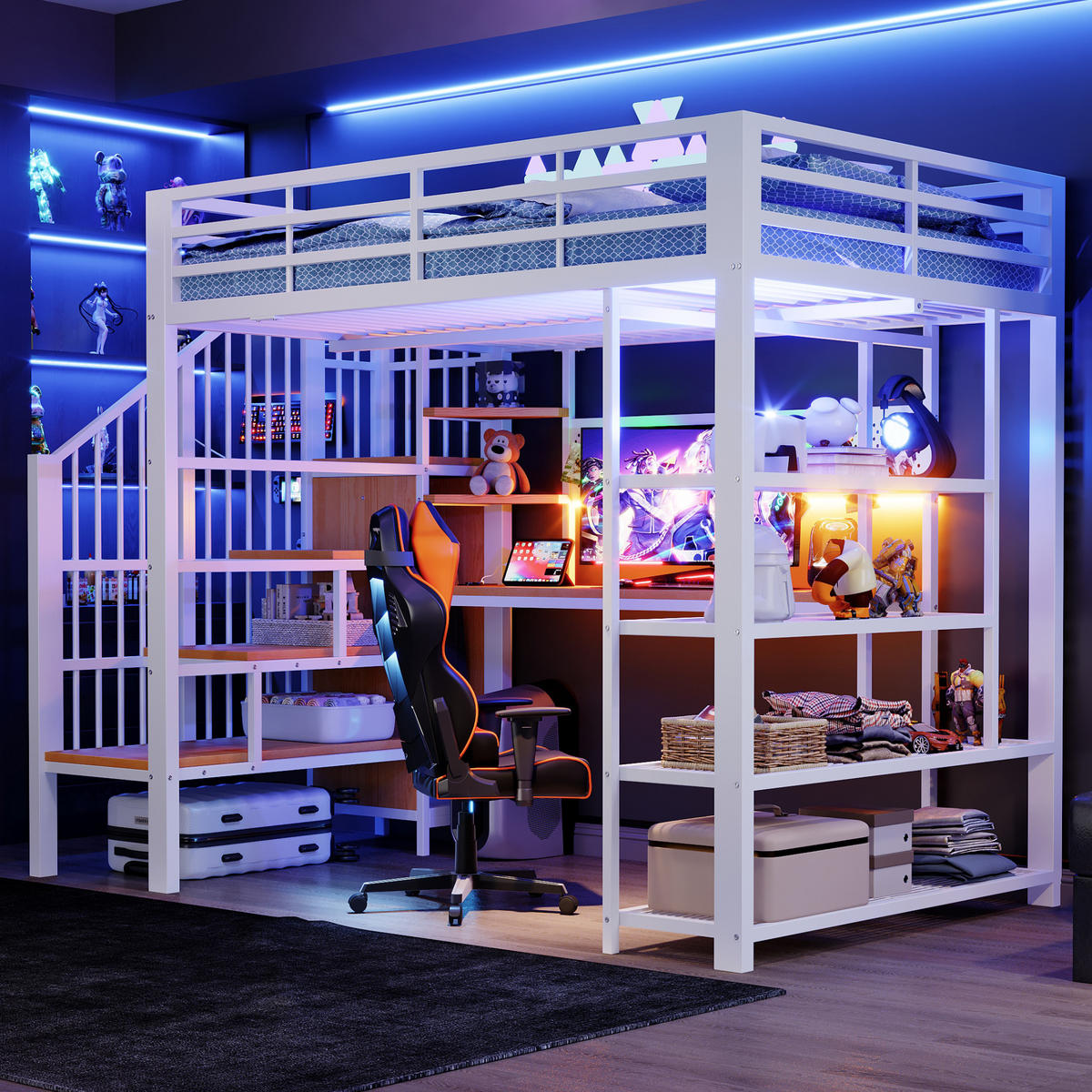 HOCHBETT 140/200 cm in Weiß mit Treppe, Stauraum, Regal, LED und Steckdosen - Weiß, Holzwerkstoff/Metall (140/200cm) - STILVORA