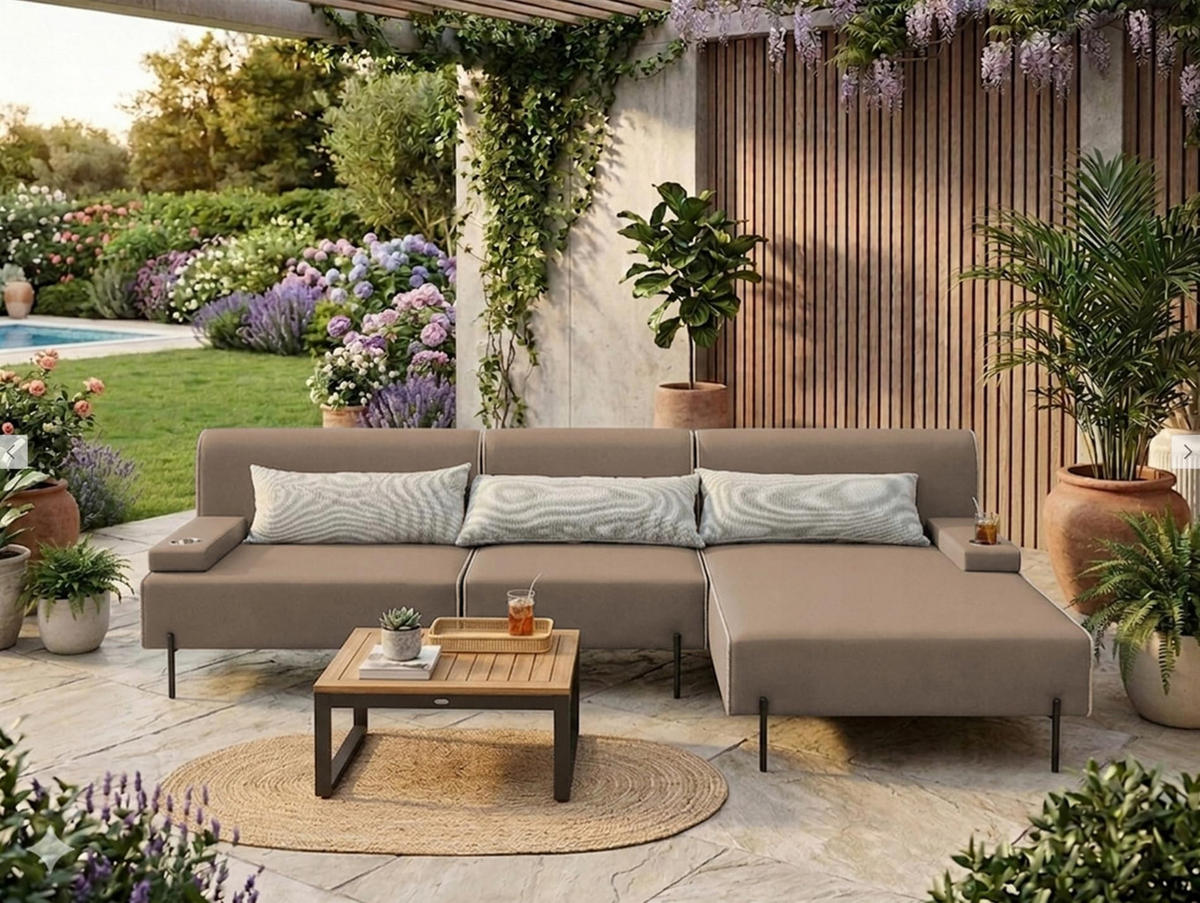GARTENSOFA BORNEO S Wetterfest 300x170x86 cm, Rechts, Solide Konstruktion, HR-Schaumfüllung, Wetterfeste Bezugstoff, Beige - Beige, Holz/Metall (300/86/170cm) - Trada
