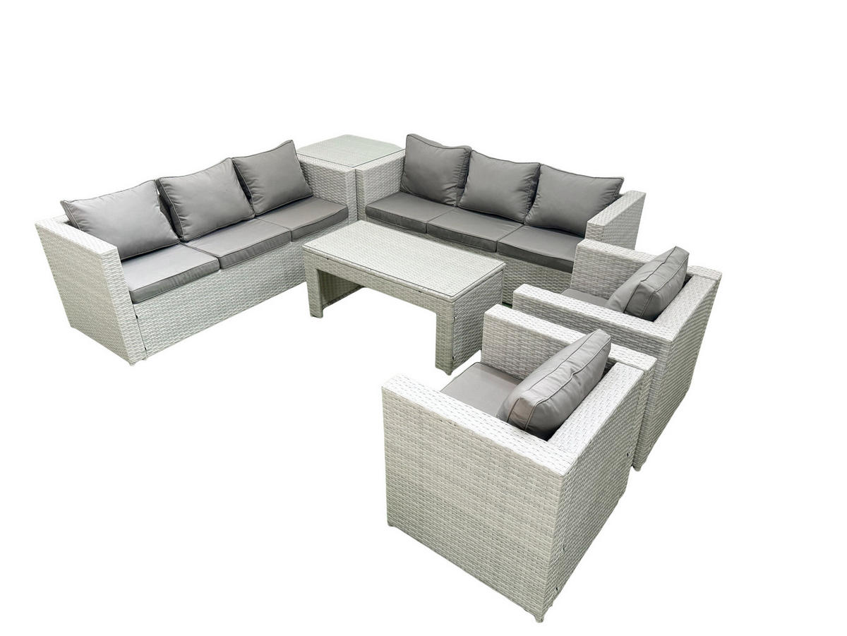 GARTENSOFA hohe Rückenlehne Polyrattan Hellgrau-Mix 8-Sitzer - Hellgrau/Grau, Glas/Kunststoff - Fimous