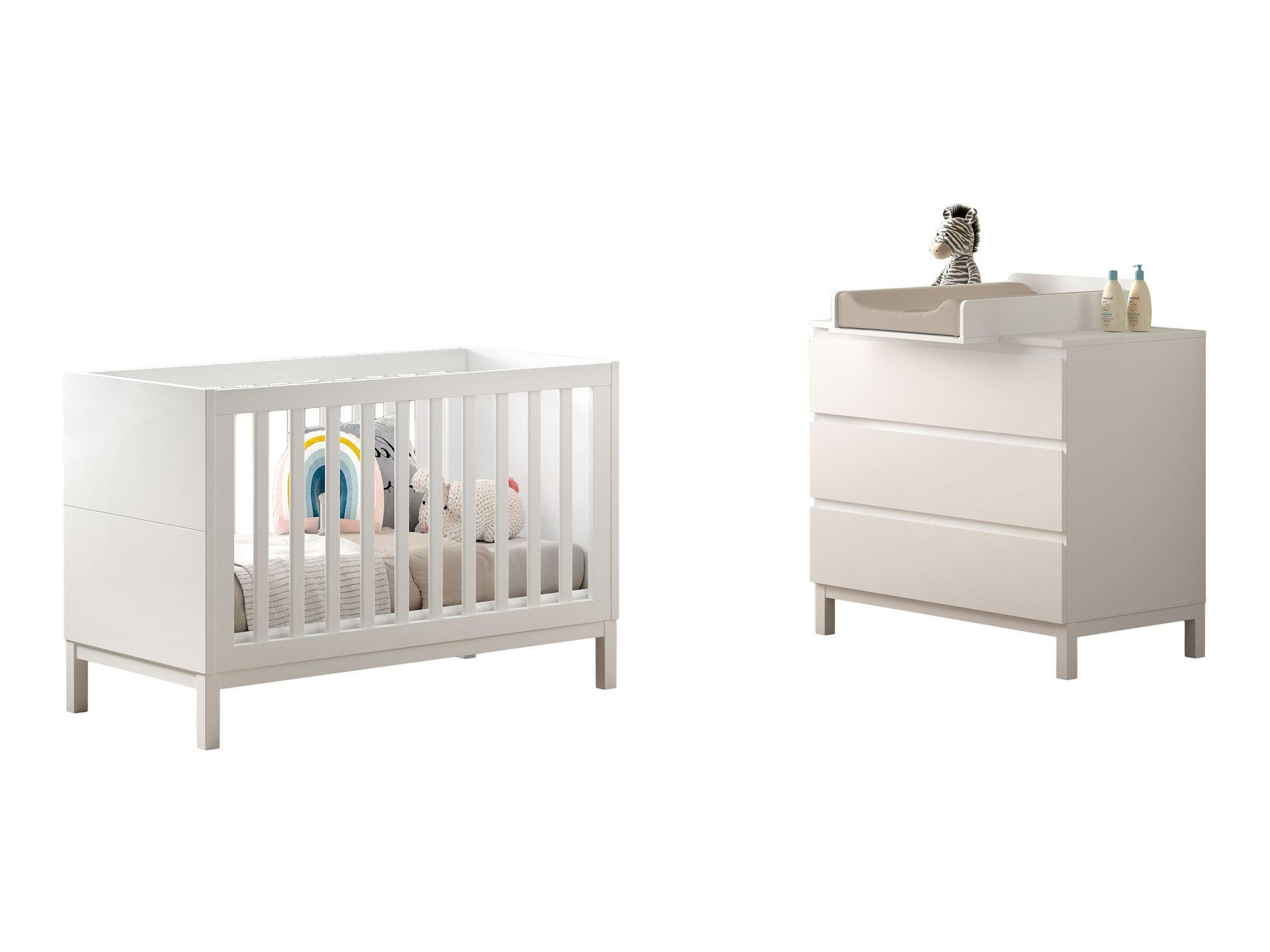 BABYZIMMER SET Keely Kiefer & MDF weiß mit Babybett und Wickelkommode - Weiß, Holz (66/85/125cm) - 58aufmkessel