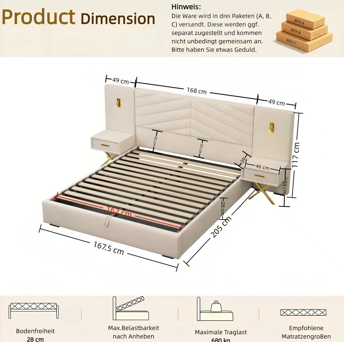 BETT mit Bettkasten 160x200 cm Samt Beige White - Beige, Holz (160/200cm) - Meubliv