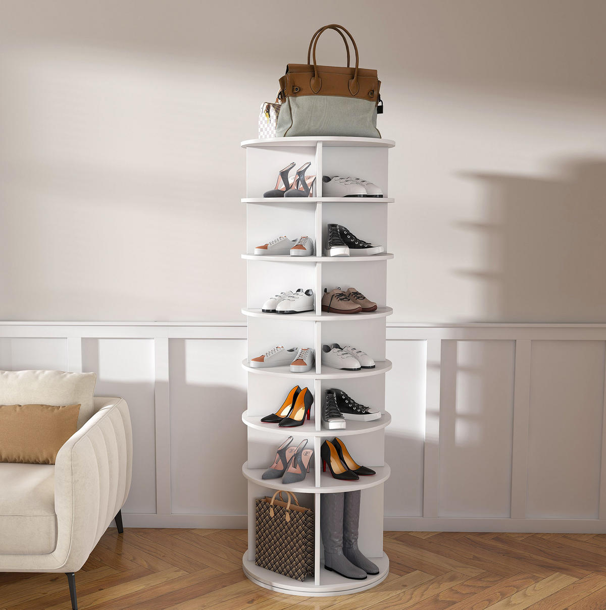 SCHUHREGAL aus PVC 60x60x184 cm Weiß mit 360°-Drehfunktion, 7 Ebenen und Platz für bis zu 28 Paar Schuhe - Weiß, Holzwerkstoff (60/184/60cm) - Modfu