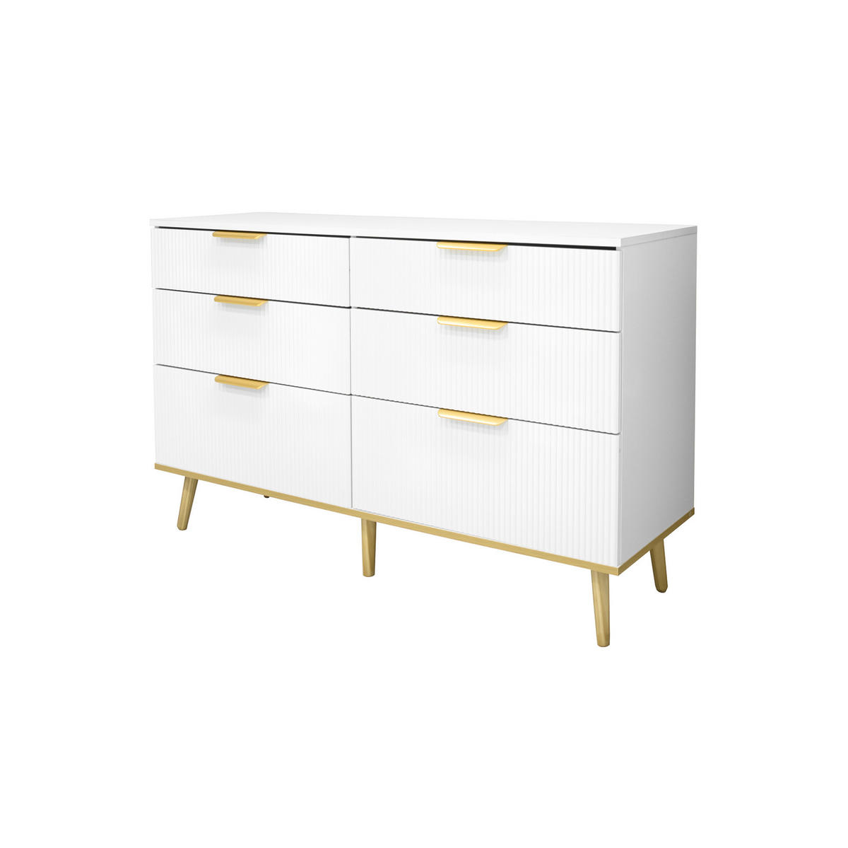 KOMMODE aus Spanplatte 120x40x76,5 cm Weiß mit 6 Schubladen und Holzoptik-Füßen - Weiß, Holzwerkstoff (120/76.5/40cm) - Modfu