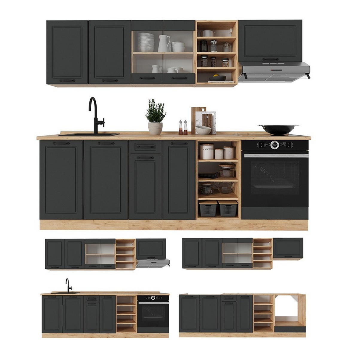 KUCHYNSKÝ KÚT R-Line Antracitový vidiecky dom/zlatý dub 240 cm , AP Oak - dub medový/antracitová, kompozitné drevo (240/206.8/60cm) - Vicco