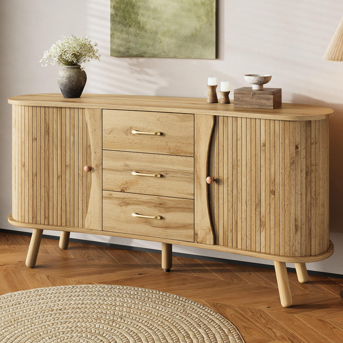 SIDEBOARD Skandi Holzoptik Schiebetüren Schubladen MDF - Honigeiche, Holzwerkstoff (36.5/75/150cm) - FLIEKS