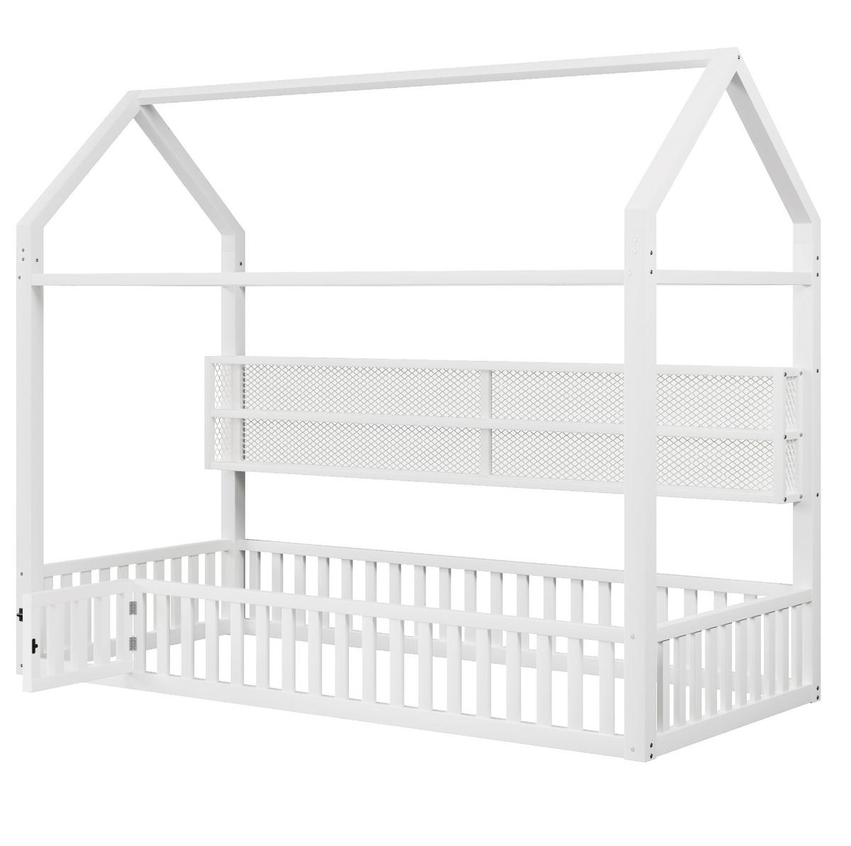 HAUSBETT 90/200 cm weiß aus Metall mit LED-Beleuchtung und Sicherheitszaun - Weiß, Metall (90/200cm) - OKWISH