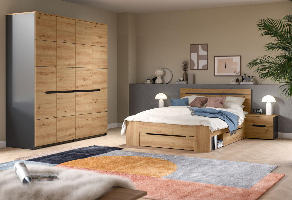 KLEIDERSCHRANK Eiche Artisan, grau 4-türig 180 cm, Drehtürenschrank mit Soft-Close - Eiche Artisan/Grau, Holzwerkstoff/Metall (180/198/59cm) - Inn.Furn