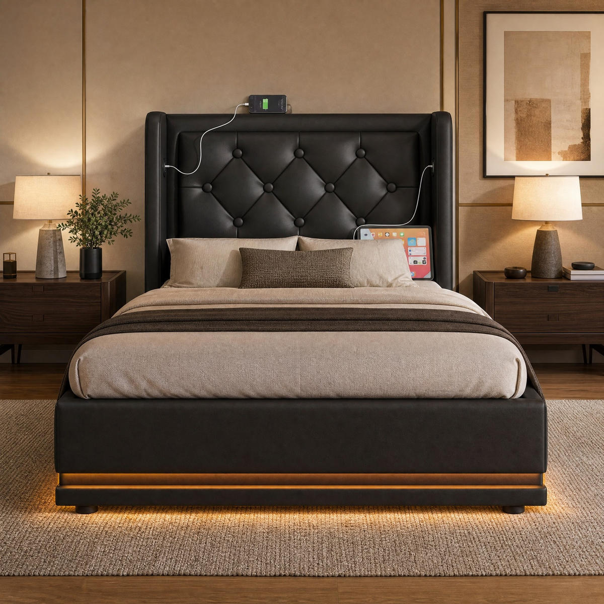 POLSTERBETT 90/200 mit Bettkasten, 3-seitiger LED-Beleuchtung und USB Type-C in Schwarz - Schwarz, Holzwerkstoff/Textil (90/200cm) - EVRYAE