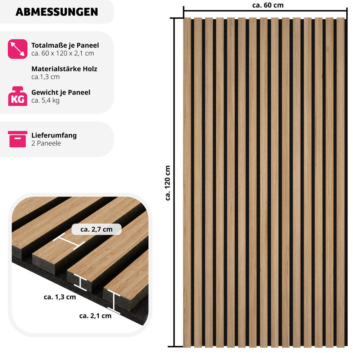 AKUSTIKPANEELE 2er Set Sonic Wall,je 60 x 120 x 2,1 cm, Größe flexibel anpassbar,Eiche hell - Eichefarben, Holz (60/120/120cm) - tectake