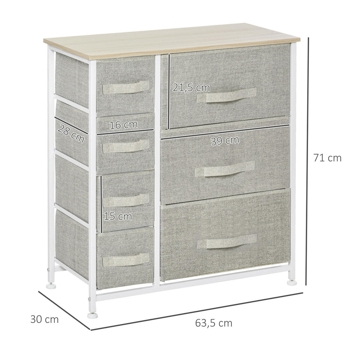 SCHUBLADENSCHRANK, Holz, Hellgrau - Hellgrau, Metall (30/71/63.5cm) - HOMCOM