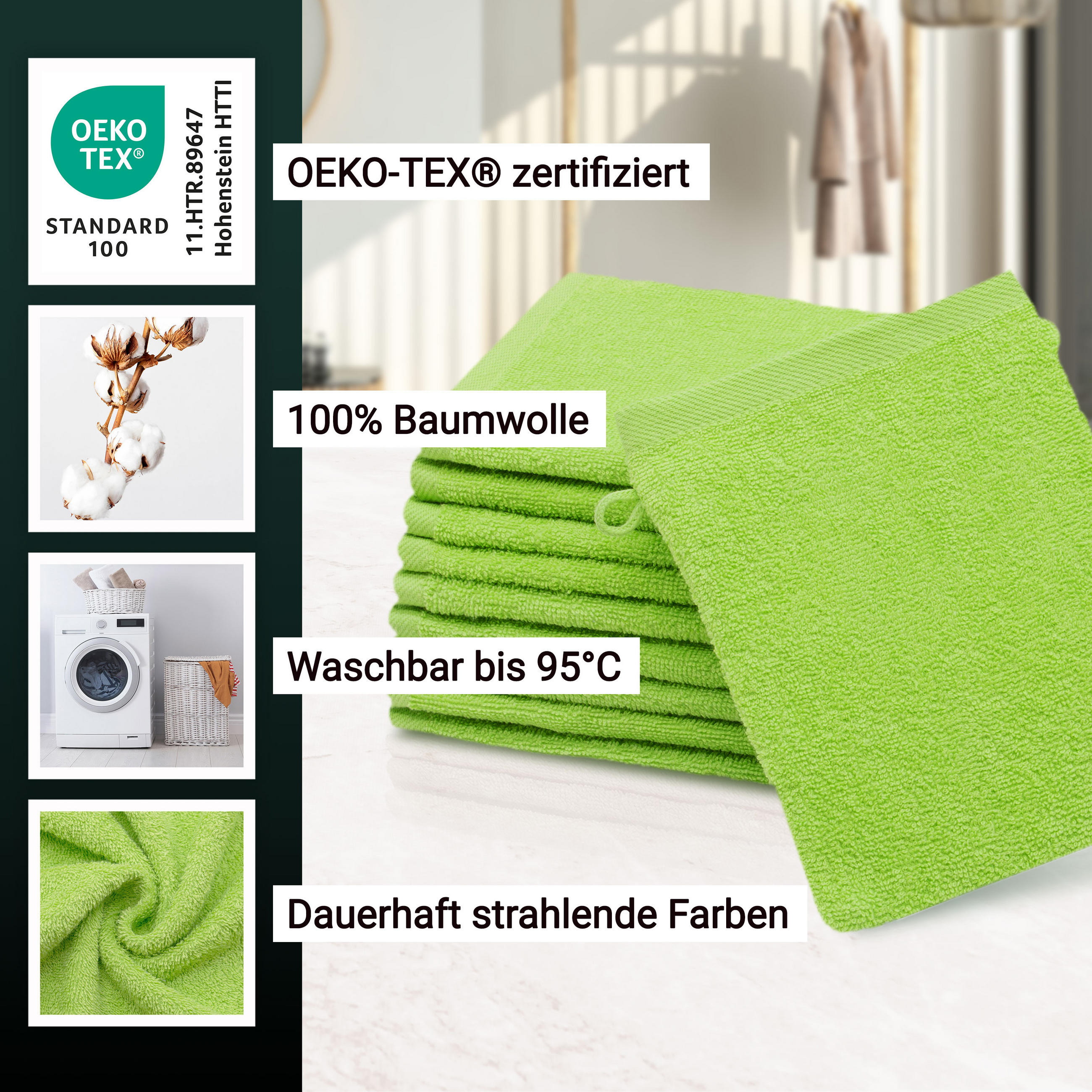 WASCHHANDSCHUH, 10er-Set, 16x21 cm, 100% Baumwolle, Grün - Limette, Textil (16/21cm) - Zollner