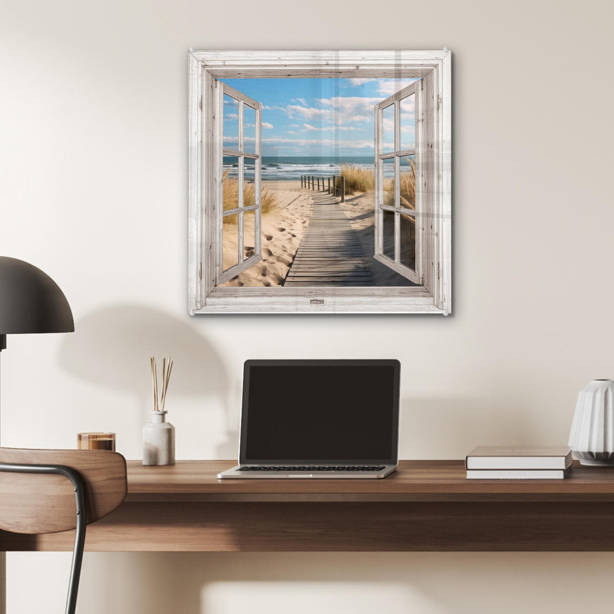 ACRYLGLASBILD Fenster - Meer - Küste - Natur - Ausblick - Strand - Wattenmeer 50x50 cm - Beige, Glas (50/50cm) - MuchoWow