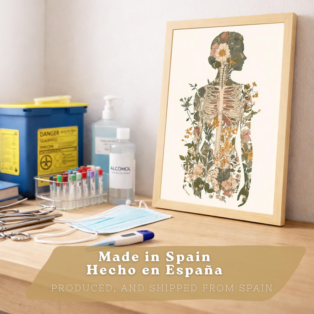 POSTER Set aus 2 Anatomie Mensch Drucke und mit Weiblicher Silhouette und Fortpflanzungssystem Botanischer Stil Größe Leichter Holzrahmen A3 - Beige, Papier (29.7/42/3cm) - Nacnic
