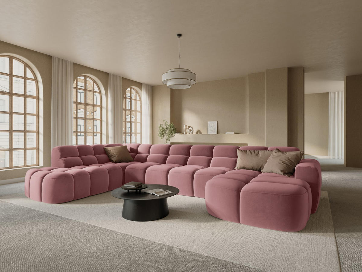 PANORAMASOFA links Lisa aus Samt lachs 7 Sitzplätze - Dunkelrosa, Textil (234/77/387cm) - Micadoni